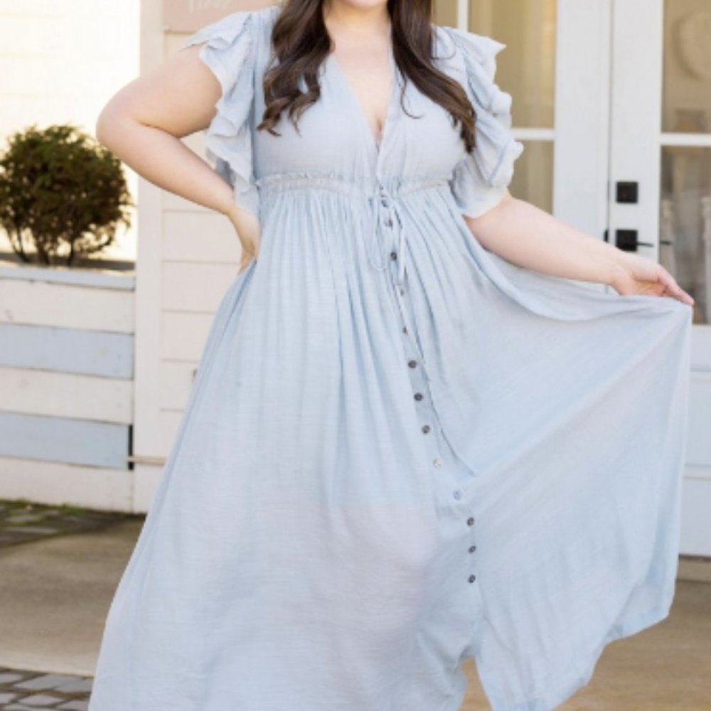 Sweet Lovely By Jen Full Size Drawstring Deep V Butterfly Sleeve Maxi Dress